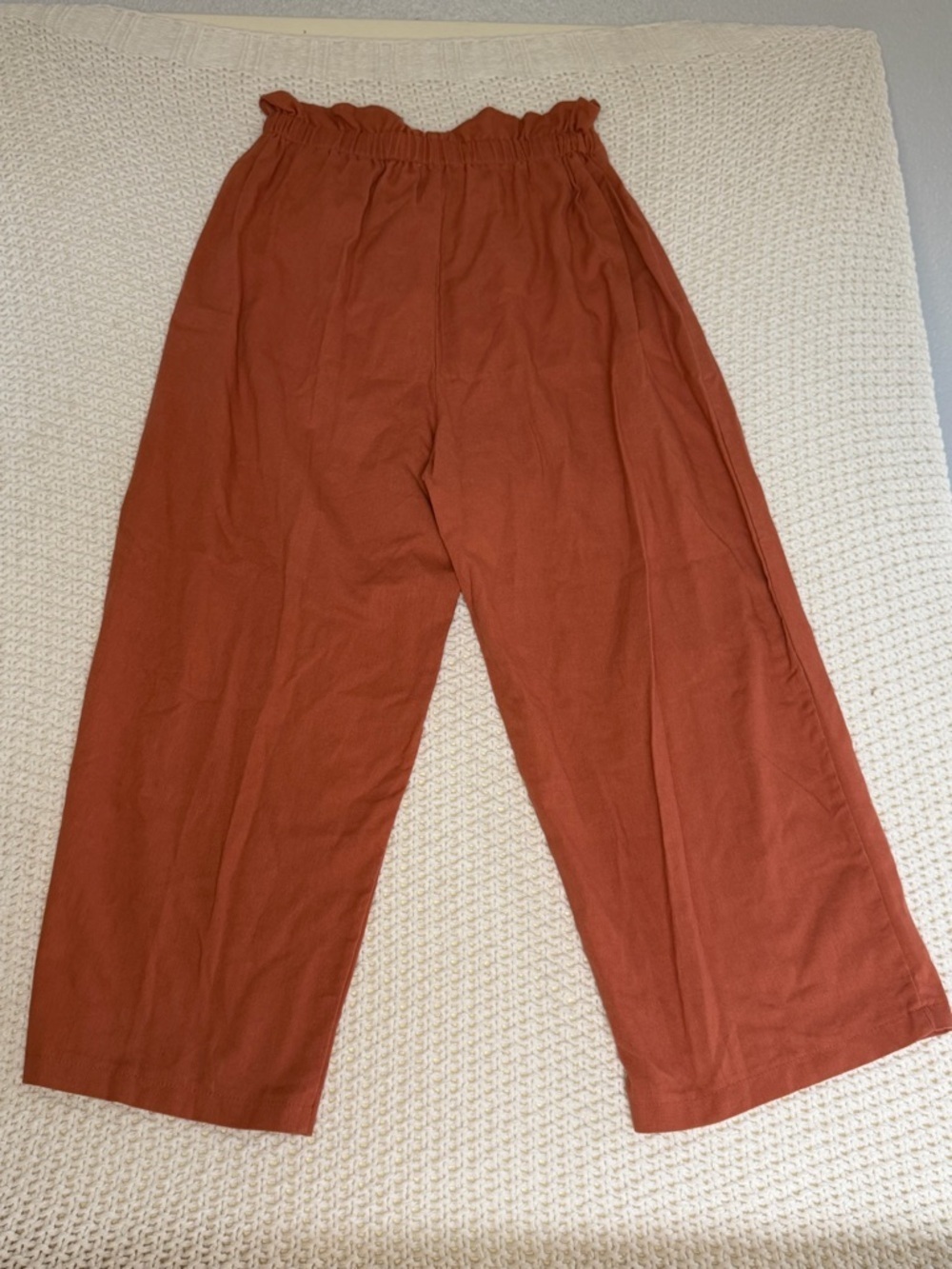 IRIS Burnt Orange Elastic Paperbag Waist Pants with Brown Faux Buttons Wide Leg - Picture 5 of 6